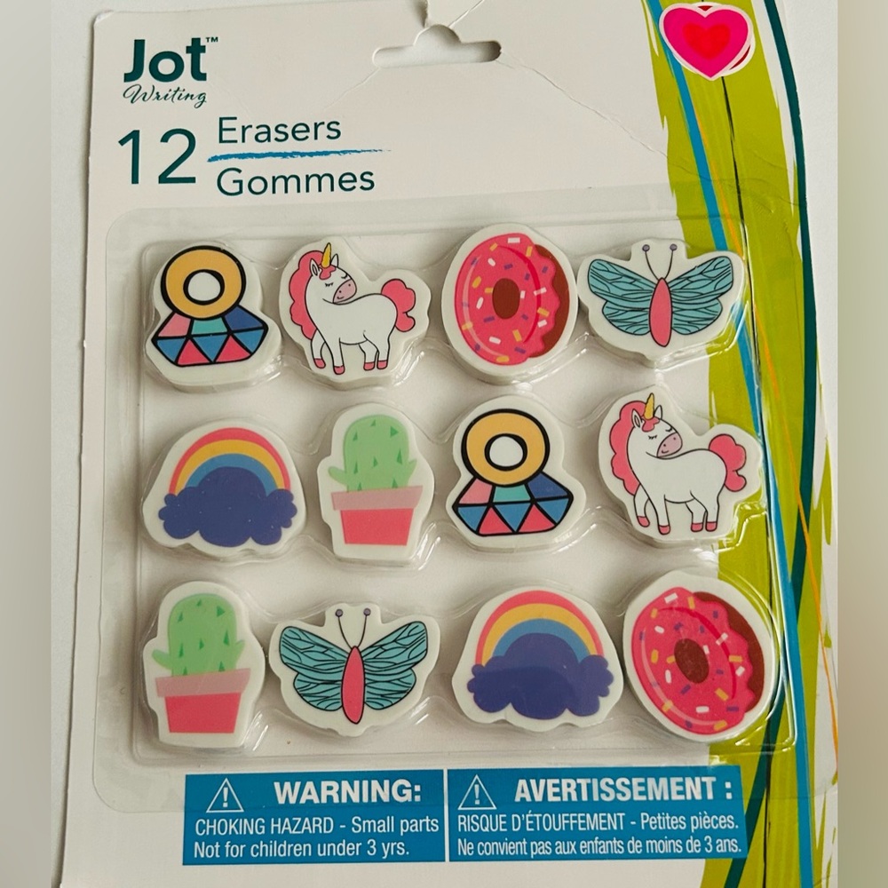 New Jot Eraser Set 24 Erasers Butterflies Unicorns Donuts Rainbows Cactus Rings